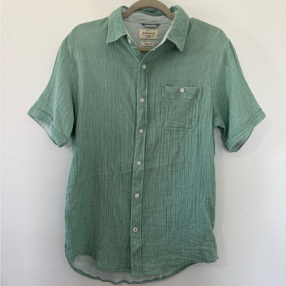 Weatherproof Vintage | Double Layer Short-Sleeve Button-Down Shirt in Sage Green